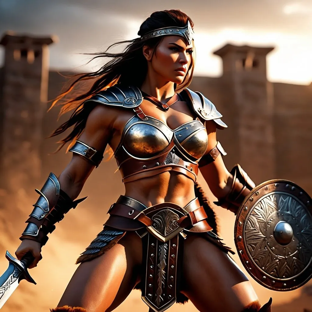 Prompt: hyper-realistic, Photorealistic, 4k, 3D, fierce female barbarian warriors, 34C-25-33, arena battle, intense battle scene, Close fitting leather armor, short leather loincloths, heavily muscled, full body shot, realistic, intense action, muscular physique, detailed features, detailed armor and weapons, high quality, realistic, historical art, warm, earthy tones, dramatic lighting, dramatic shadows, epic battle, high quality, intense, earthy tones, Golden Hour Dawn lighting, natural lighting, realism

