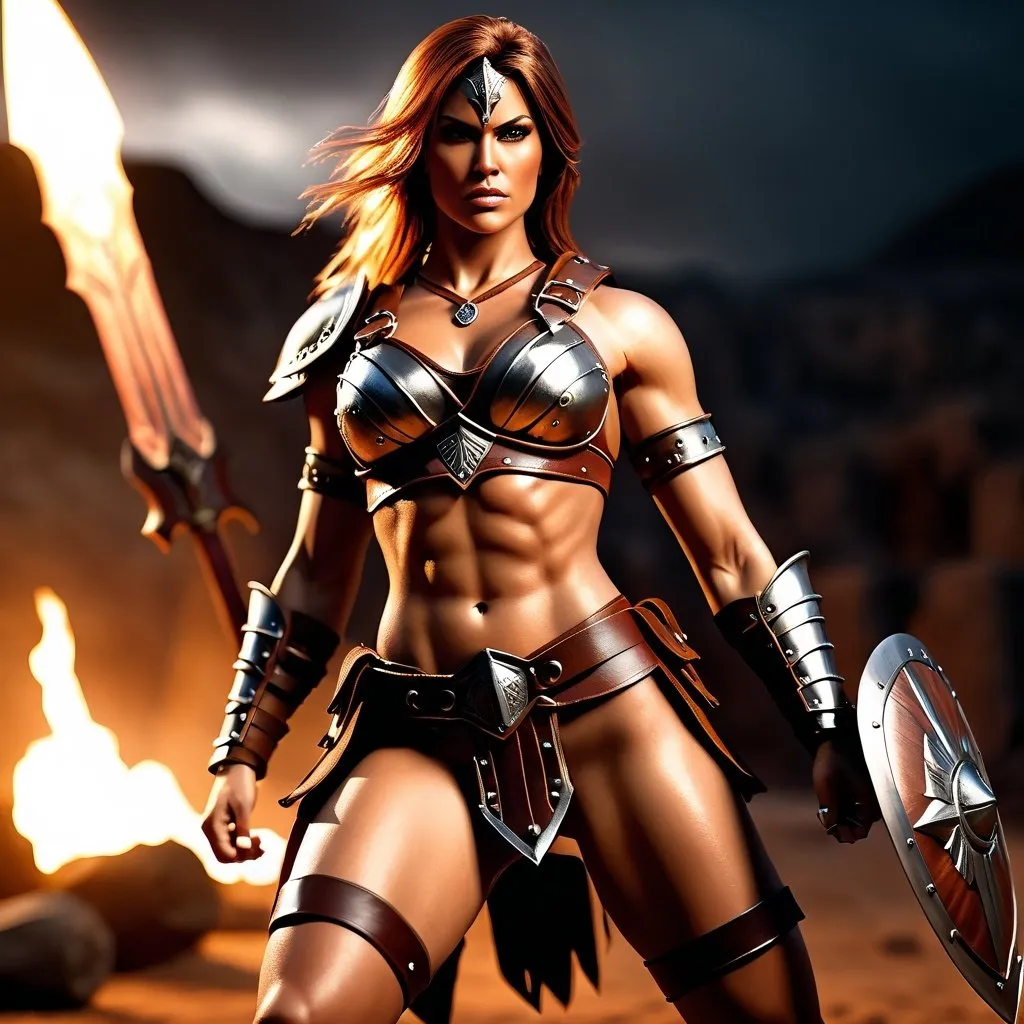 Prompt:  hyper-realistic, Photorealistic, 4k, 3D, fierce female Barbarian warriors, 34C-25-33 close fitting leather armor, short leather loincloths, heavily muscled, full body shot, realistic, intense action, muscular physique, detailed features, detailed armor and weapons, high quality, realistic, historical art, warm, earthy tones, dramatic lighting, dramatic shadows, epic battle, high quality, intense, earthy tones, Golden Hour Dawn lighting, natural lighting, realism



