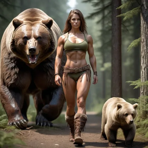 Prompt: Hyperrealistic, photorealistic, Barbarian female, fit and muscled physique, 32C-25-33, Full Body shot, walking with a Bear, green forest, high quality, realistic lighting, detailed muscles, earth tones, lifelike, realistic, forest setting