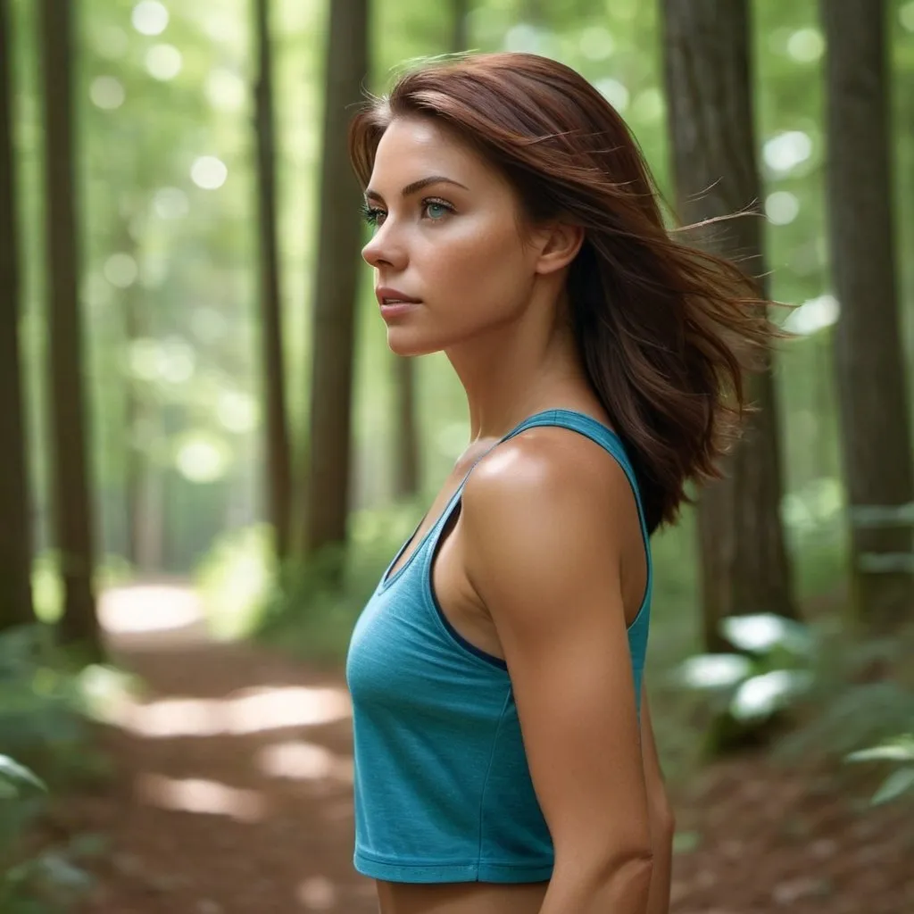 Prompt: Hyperrealistic, photorealistic, head and shoulders shot, close, Profile athletically built woman walking in the woods, dark auburn hair, tanned skin, green eyes, blue cropped tank top, shorts, summer day, natural lighting, detailed, highres, ultra-detailed, realistic, professional, outdoor, detailed features, realistic lighting, detailed clothing