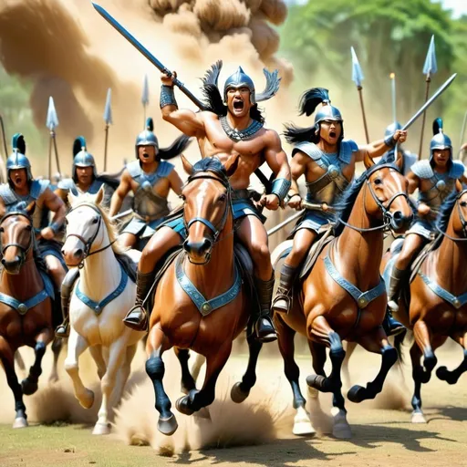 Prompt: Group of Amazon warriors charging, bare-breasted, Their leader in front, charging on horseback, intense battle scene, ancient warfare, detailed armor and weapons, dynamic action, high quality, realistic, historical art, earthy tones, dramatic lighting