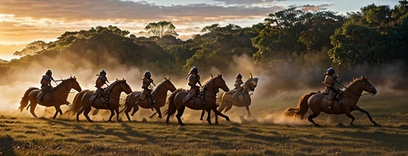 Prompt: Group of female Amazon warriors charging, bare-breasted, their queen in front, charging on horseback, intense battle scene, ancient warfare, detailed armor and weapons, dynamic action, high quality, realistic, historical art, Golden Hour at dawn, warm, earthy tones, dramatic lighting