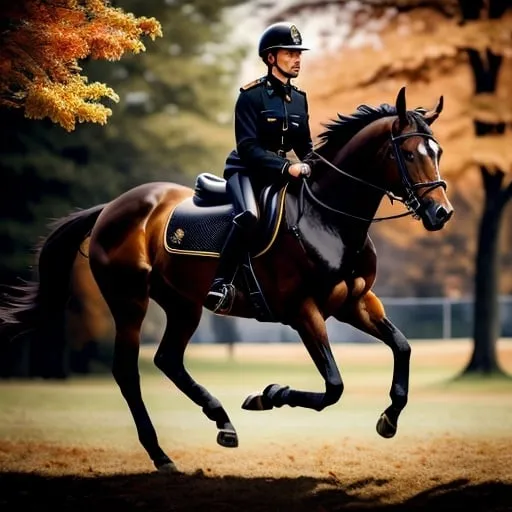 Prompt: Hyperrealistic, super detailed, Cop on horse patrol on the Boston Common, Uniform: black leather Boston police jacket, Jodhpurs (Dark blue with red stripe on legs) black riding boots, riding helmet, realistic horse anatomy, Realistic human anatomy, crisp New England fall atmosphere, photorealistic, high quality, hyperrealism, detailed uniform, professional, Natural lighting, iconic Boston landmark, traditional art style, precise brushwork, autumnal foliage, realistic horse mane