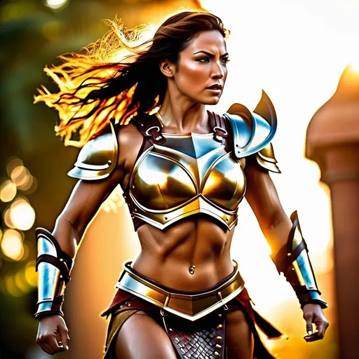 Prompt: Hyper realistic, photo realistic, fierce female Amazon warriors charging, breastplate armor, short leather loincloths, heavily muscled, full body shot, golden hour natural lighting, high quality, detailed muscles, intense action, realism, historical, warm tones, natural lighting, detailed armor