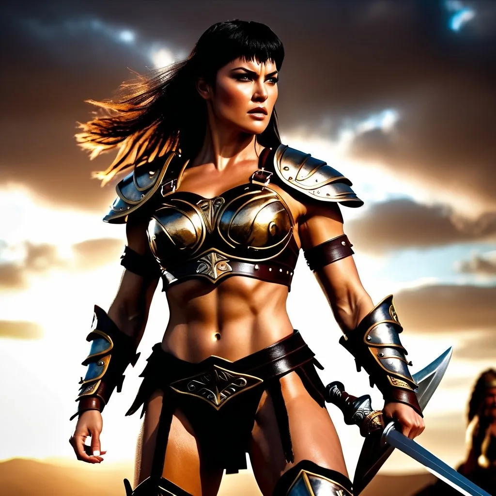 Prompt:  hyper-realistic, Photorealistic, 4k, 3D, fierce female Barbarian warriors, Xena-like armor, short leather loincloths, heavily muscled, full body shot, realistic, intense action, muscular physique, detailed features, detailed armor and weapons, high quality, realistic, historical art, warm, earthy tones, dramatic lighting, dramatic shadows, epic battle, high quality, intense, earthy tones, Golden Hour Dawn lighting, natural lighting, realism



