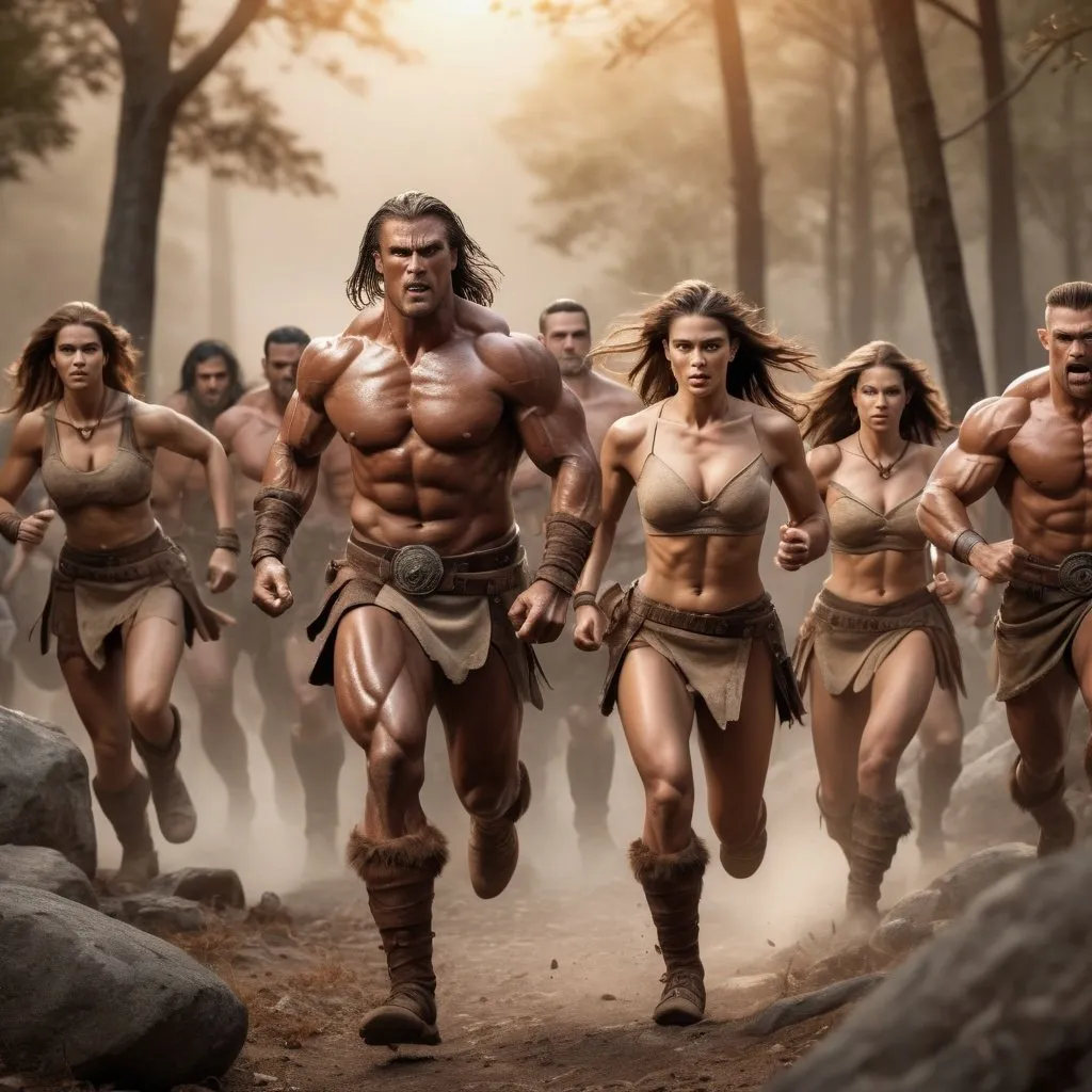 Prompt: Hyperrealistic, photorealistic, a horde of male and female barbarians, fit and muscled physique, Full Body shot running into battle, Rocky terrain, high quality, Golden Hour realistic lighting, earth tones, lifelike, realistic, forest setting