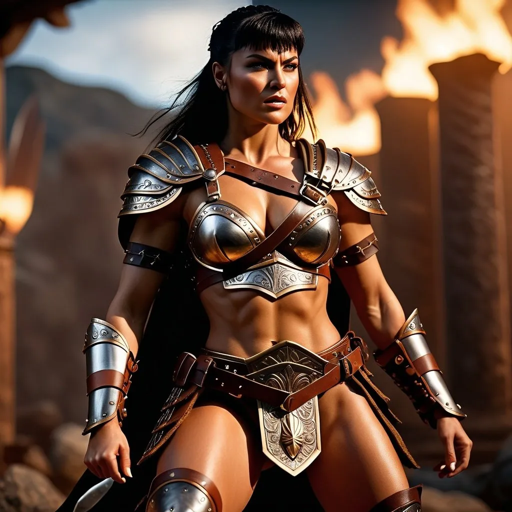 Prompt:  hyper-realistic, Photorealistic, 4k, 3D, fierce female Barbarian warriors, Leather Xena style leather armor, short leather loincloths, heavily muscled, full body shot, realistic, intense action, muscular physique, detailed features, detailed armor and weapons, high quality, realistic, historical art, warm, earthy tones, dramatic lighting, dramatic shadows, epic battle, high quality, intense, earthy tones, Golden Hour Dawn lighting, natural lighting, realism



