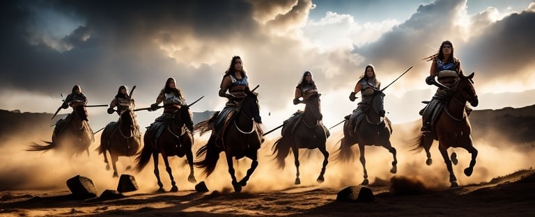 Prompt: Group of bare-breasted female Amazon warriors charging on horseback, intense ancient warfare, detailed armor and weapons, dynamic action, high quality, realistic, historical art, earthy tones, dramatic lighting, intense battle scene, fierce expressions, powerful queen leading the charge