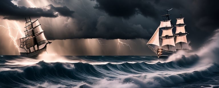 Prompt: Photorealistic, hyper realistic, deep stormy night at sea, schooner battling through the waves, lightning flashes, dramatic sky with dark clouds, ominous clouds, high seas, intense waves, powerful wind, detailed vessel, dramatic lighting, high quality, realistic, stormy, dramatic, dynamic composition, dark tones, atmospheric lighting