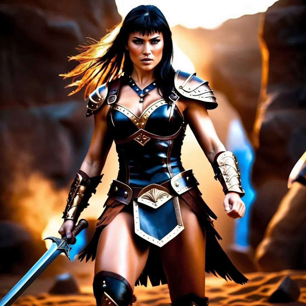 Prompt:  hyper-realistic, Photorealistic, 4k, 3D, fierce female Barbarian warriors, Leather Xena style leather armor, short leather loincloths, heavily muscled, full body shot, realistic, intense action, muscular physique, detailed features, detailed armor and weapons, high quality, realistic, historical art, warm, earthy tones, dramatic lighting, dramatic shadows, epic battle, high quality, intense, earthy tones, Golden Hour Dawn lighting, natural lighting, realism



