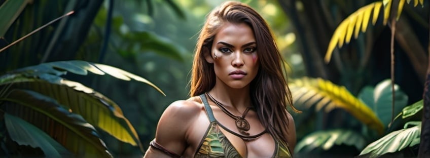 Prompt: Athletically built barbarian woman in a jungle setting, full body shot,33C-25-34, walking, intense gaze, hyper realistic, photorealistic, color photograph, high quality, highly detailed, intense colors, natural lighting, golden hour, jungle queen, detailed eyes, realistic wildlife, vibrant, powerful presence, strong and confident, detailed surroundings