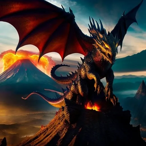 Prompt: Wizard riding large dragon, erupting volcano in background, fiery breath scorching earth, flying at treetop level, approaching a town, high quality, fantasy, epic, detailed scales, magical atmosphere, intense colors, dynamic composition, vibrant lighting, realistic fire effects, dramatic shadows, mystical aura