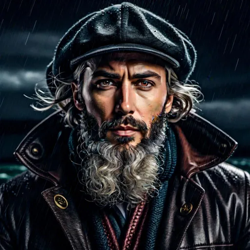 Prompt: <mymodel>Rugged old sea captain with a white beard and hair, concern on his weathered face, rain coat and Sou'wester hat, guiding ship through bad storm at sea, oil painting, intense waves crashing, high contrast, dramatic lighting, detailed facial features, stormy atmosphere, realistic style, dark and moody tones, high quality, oil painting, dramatic lighting, detailed facial features, stormy atmosphere, realistic style, dark and moody tones