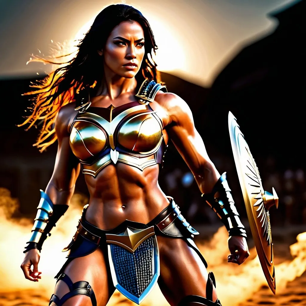 Prompt: hyper-realistic, Photorealistic, 4k, fierce female Amazon warriors, arena battle, Breastplate armor, short leather loincloths, heavily muscled, full body shot, golden hour lighting, realistic, intense action, muscular physique, detailed features, dramatic shadows, epic battle, high quality, intense, natural lighting, realism