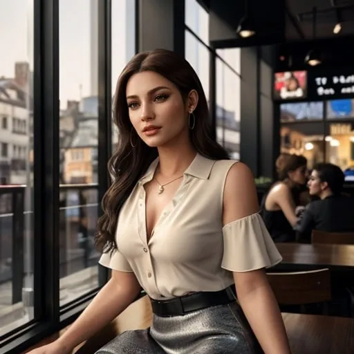 Prompt: Hyper realistic, photorealistic, highly detailed, woman, lowcut blouse, short skirt, sitting by a window in a coffee shop, busy city outside, detailed facial features, realistic lighting, professional art, urban setting, cityscape, best quality, 4k, detailed clothing, realistic textures, modern city, professional artist, atmospheric lighting