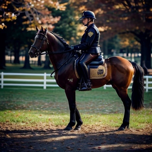 Prompt: Hyperrealistic, super detailed, Cop on horse patrol on the Boston Common, Uniform: black leather Boston police jacket, Jodhpurs (Dark blue with red stripe on legs) black riding boots, riding helmet, realistic horse anatomy, Realistic human anatomy, crisp New England fall atmosphere, photorealistic, high quality, hyperrealism, detailed uniform, professional, Natural lighting, iconic Boston landmark, traditional art style, precise brushwork, autumnal foliage, realistic horse mane