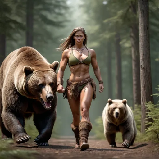 Prompt: Hyperrealistic, photorealistic, Barbarian female, fit and muscled physique, 32C-25-33, Full Body shot, walking with a Bear, green forest, high quality, realistic lighting, detailed muscles, earth tones, lifelike, realistic, forest setting