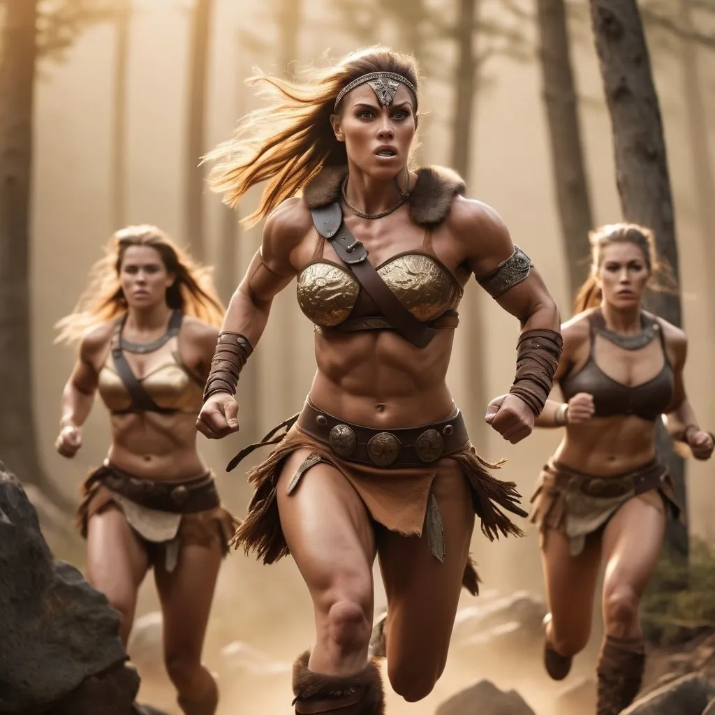 Prompt: Hyperrealistic, photorealistic, several Barbarian females, fit and muscled physique, Full Body shot running into battle, Rocky terrain, high quality, Golden Hour realistic lighting, earth tones, lifelike, realistic, forest setting