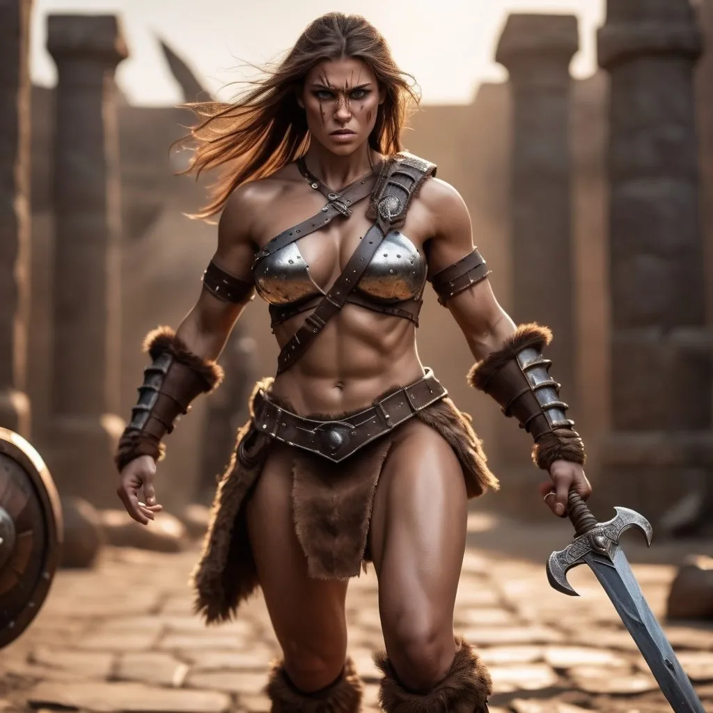 Prompt: hyper-realistic, Photorealistic, 4k, 3D, fierce female barbarian warriors, 34C-25-33, arena battle, intense battle scene, Close fitting leather armor, short leather loincloths, heavily muscled, full body shot, realistic, intense action, muscular physique, detailed features, detailed armor and weapons, high quality, realistic, historical art, warm, earthy tones, dramatic lighting, dramatic shadows, epic battle, high quality, intense, earthy tones, Golden Hour Dawn lighting, natural lighting, realism
