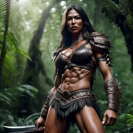 Prompt: Photorealistic depiction of 6 feet tall FEMALE Amazon Warriors, uber detailed, high quality, sharp focus, intricate details, well-muscled and fit, symmetrical bodies, fending off male intruders, forest setting, intense action, muscular physique, realistic anatomy, detailed weaponry, professional, intense lighting, hyper realistic, highly detailed, best quality