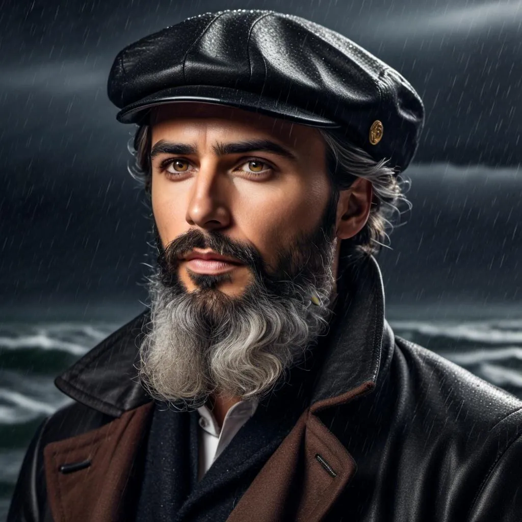 Prompt: <mymodel>Rugged old sea captain with a white beard, rain coat and Sou'wester hat, guiding ship through bad storm at sea, oil painting, intense waves crashing, high contrast, dramatic lighting, detailed facial features, stormy atmosphere, realistic style, dark and moody tones, high quality, oil painting, dramatic lighting, detailed facial features, stormy atmosphere, realistic style, dark and moody tones