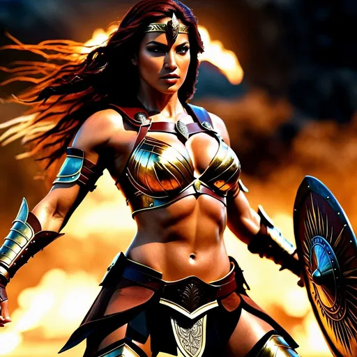 Prompt: hyper-realistic, Photorealistic, 4k, 3D, fierce female Amazon warriors, arena battle, intense battle scene, Breastplate armor, short leather loincloths, heavily muscled, full body shot, realistic, intense action, muscular physique, detailed features, detailed armor and weapons, high quality, realistic, historical art, warm, earthy tones, dramatic shadows, epic battle, high quality, intense, earthy tones, Golden Hour Dawn lighting, natural lighting, realism

