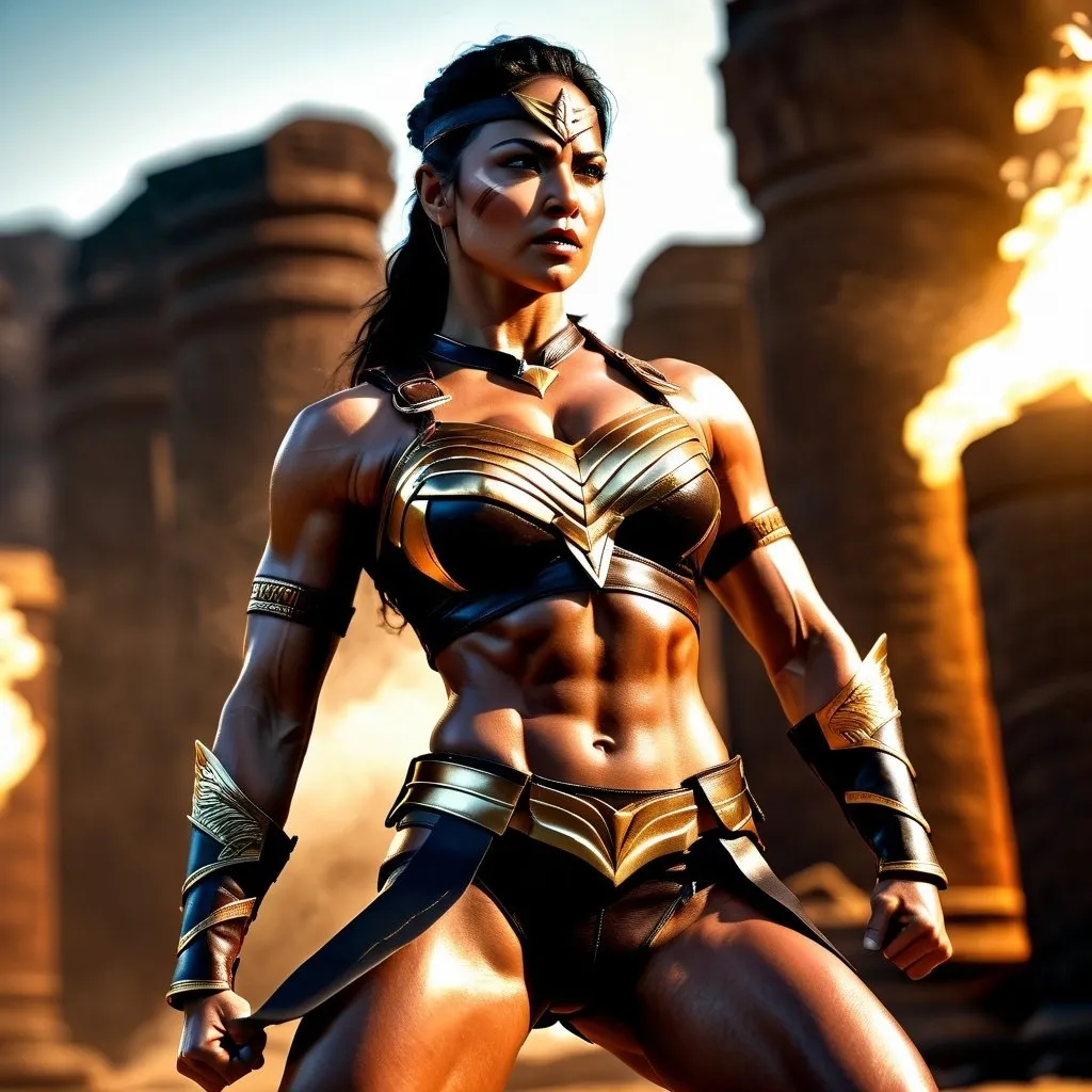 Prompt: hyper-realistic, Photorealistic, 4k, fierce female Amazon warriors, arena battle, stripped to the waist, short leather loincloths, heavily muscled, full body shot, golden hour lighting, realistic, intense action, muscular physique, detailed features, dramatic shadows, epic battle, high quality, intense, natural lighting