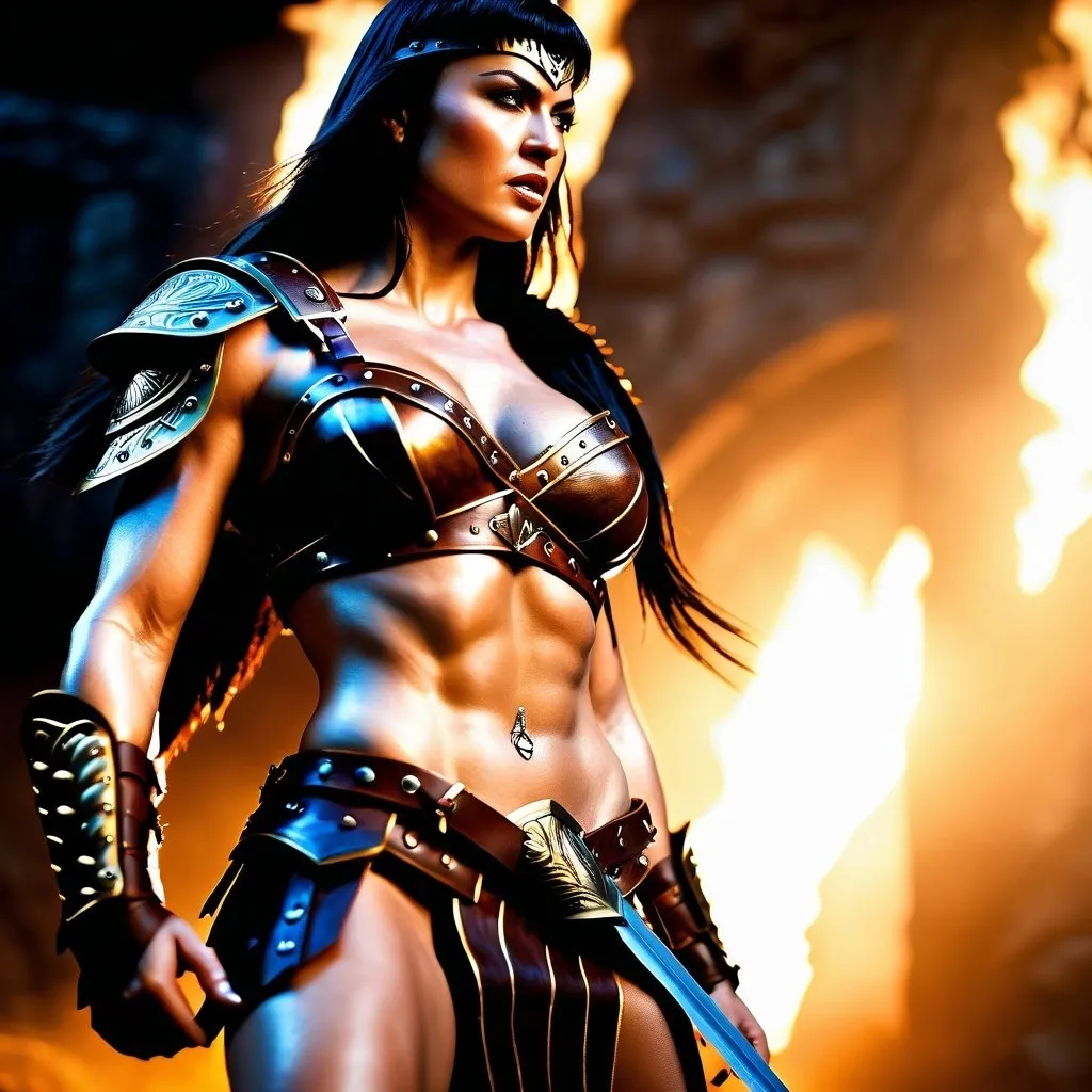 Prompt:  hyper-realistic, Photorealistic, 4k, 3D, fierce female Barbarian warriors, Leather Xena-like armor, short leather loincloths, heavily muscled, full body shot, realistic, intense action, muscular physique, detailed features, detailed armor and weapons, high quality, realistic, historical art, warm, earthy tones, dramatic lighting, dramatic shadows, epic battle, high quality, intense, earthy tones, Golden Hour Dawn lighting, natural lighting, realism



