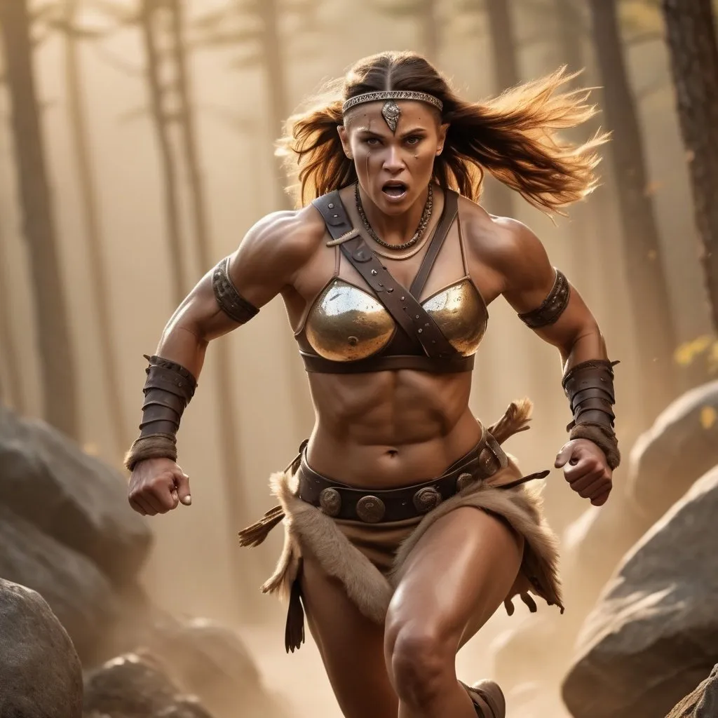 Prompt: Hyperrealistic, photorealistic, several Barbarian females, fit and muscled physique, Full Body shot running into battle, Rocky terrain, high quality, Golden Hour realistic lighting, earth tones, lifelike, realistic, forest setting