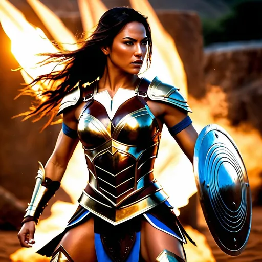 Prompt: hyper-realistic, Photorealistic, 4k, fierce female Amazon warriors, arena battle, intense battle scene, Breastplate armor, short leather loincloths, heavily muscled, full body shot, golden hour lighting, realistic, intense action, muscular physique, detailed features, detailed armor and weapons, dynamic action, dynamic action, high quality, realistic, historical art, earthy tones, dramatic lighting, dramatic shadows, epic battle, high quality, intense, earthy tones, natural lighting, realism

