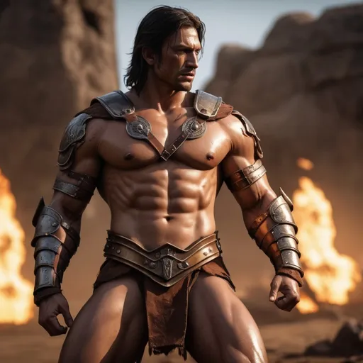 Prompt: hyper-realistic, Photorealistic, 4k, 3D, Amazon warriors, 34C-25-33, arena battle, intense battle scene, Close fitting leather armor, short leather loincloths, heavily muscled, full body shot, realistic, intense action, muscular physique, detailed features, detailed armor and weapons, high quality, realistic, historical art, warm, earthy tones, dramatic lighting, dramatic shadows, epic battle, high quality, intense, earthy tones, Golden Hour Dawn lighting, natural lighting, realism

