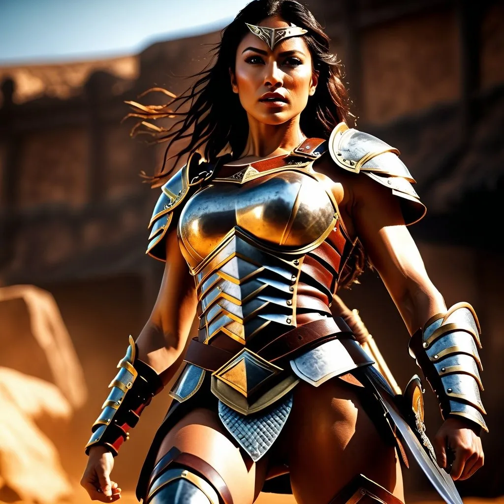 Prompt: hyper-realistic, Photorealistic, 4k, 3D, fierce female Amazon warriors, arena battle, intense battle scene, Breastplate armor, short leather loincloths, heavily muscled, full body shot, realistic, intense action, muscular physique, detailed features, detailed armor and weapons, high quality, realistic, historical art, warm, earthy tones, dramatic lighting, dramatic shadows, epic battle, high quality, intense, earthy tones, Golden Hour Dawn lighting, natural lighting, realism

