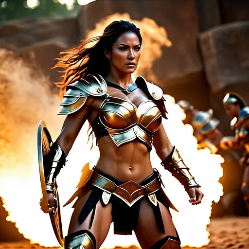 Prompt: hyper-realistic, Photorealistic, 4k, 3D, fierce female Amazon warriors, arena battle, intense battle scene, Breastplate armor, short leather loincloths, heavily muscled, full body shot, realistic, intense action, muscular physique, detailed features, detailed armor and weapons, high quality, realistic, historical art, earthy tones, dramatic lighting, dramatic shadows, epic battle, high quality, intense, earthy tones,  golden hour lighting, natural lighting, realism

