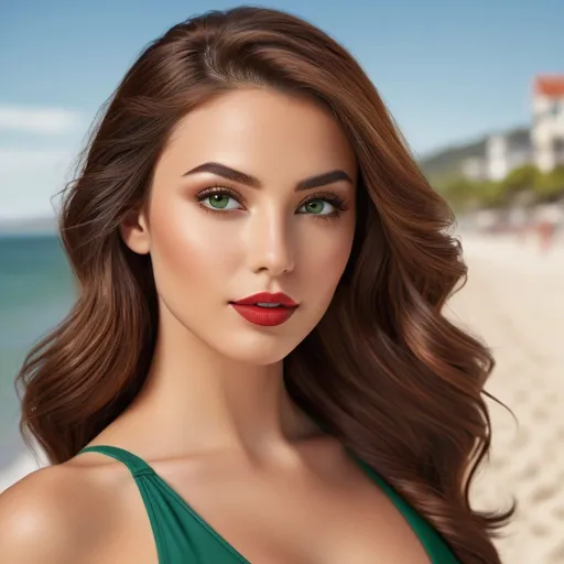 Prompt: Hyper-detailed, hyper-realistic, photorealistic composite face, heart-shaped head, almond-shaped green eyes, slim nose, arched eyebrows, mid-back dark, wavy, auburn hair with volume, elegantly styled, youthful, tanned complexion, Full lips with red lipstick, minimal eye shadow, Side view (Profile) symmetrical, best quality, highres, ultra-detailed, photorealistic, detailed eyes, professional, realistic lighting   Athletically built woman walking along lakeshore in swimsuit, sunny beach setting, realistic painting, strong and confident posture, vibrant and warm colors, beach landscape, high quality, realistic, strong and confident, sunny, beach setting, vibrant colors, realistic painting, beach landscape, confident posture, sunny lighting, professional