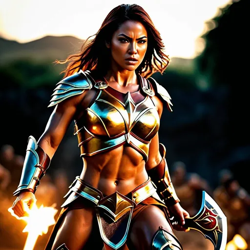 Prompt: hyper-realistic, Photorealistic, 4k, fierce female Amazon warriors, arena battle, intense battle scene, Breastplate armor, short leather loincloths, heavily muscled, full body shot, golden hour lighting, realistic, intense action, muscular physique, detailed features, detailed armor and weapons, dynamic action, dynamic action, high quality, realistic, historical art, earthy tones, dramatic lighting, dramatic shadows, epic battle, high quality, intense, earthy tones, natural lighting, realism

