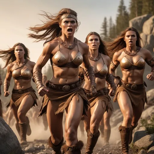 Prompt: Hyperrealistic, photorealistic, a horde of Barbarian females, fit and muscled physique, Full Body shot running into battle, Rocky terrain, high quality, Golden Hour realistic lighting, earth tones, lifelike, realistic, forest setting