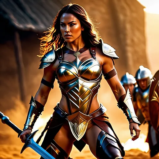 Prompt: hyper-realistic, Photorealistic, 4k, fierce female Amazon warriors, arena battle, intense battle scene, Breastplate armor, short leather loincloths, heavily muscled, full body shot, golden hour lighting, realistic, intense action, muscular physique, detailed features, detailed armor and weapons, high quality, realistic, historical art, earthy tones, dramatic lighting, dramatic shadows, epic battle, high quality, intense, earthy tones, natural lighting, realism

