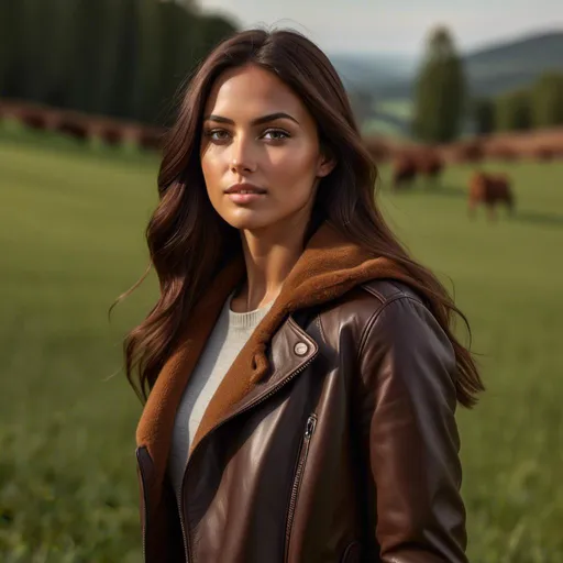 Prompt: <mymodel> Hyper realistic full-body, rendering of an athletically built 34-25-33, height 5' 7", walking and leading a dark chestnut thoroughbred, across a verdant field in casual attire, no hat. photorealistic, sharp, highly detailed, Golden Hour detailed facial features, realistic skin texture and tones, high quality, 4k resolution, photorealism, field landscape, detailed rendering, crisp, full-body shot, realistic lighting