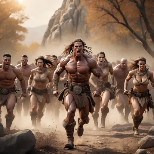 Prompt: Hyperrealistic, photorealistic, a horde of male and female barbarians, fit and muscled physique, Full Body shot running into battle, Rocky terrain, high quality, Golden Hour realistic lighting, earth tones, lifelike, realistic, forest setting