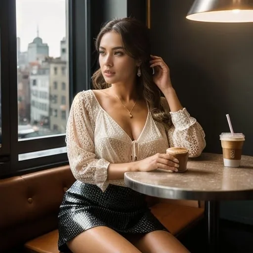 Prompt: Hyper realistic, photorealistic, highly detailed, woman, lowcut blouse, short skirt, sitting by a window at a raised table in a coffee shop, drinking Capuchino, pastry on plate on table, busy city outside, detailed facial features, realistic lighting, professional art, urban setting, cityscape, best quality, 4k, detailed clothing, realistic textures, modern city, professional artist, atmospheric lighting