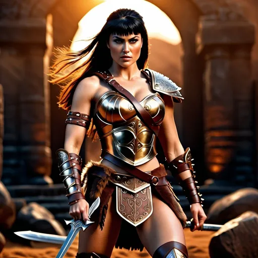 Prompt:  hyper-realistic, Photorealistic, 4k, 3D, fierce female Barbarian warriors, Leather Xena-like armor, short leather loincloths, heavily muscled, full body shot, realistic, intense action, muscular physique, detailed features, detailed armor and weapons, high quality, realistic, historical art, warm, earthy tones, dramatic lighting, dramatic shadows, epic battle, high quality, intense, earthy tones, Golden Hour Dawn lighting, natural lighting, realism



