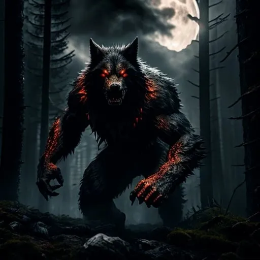 Prompt: Hyperrealism, darkened forest, snarling giant, heavily muscled, werewolf, on a hill, moon in background, dripping blood, menacing, front claws raised, photorealistic, detailed fur, intense gaze, Eyes glowing, horror, supernatural, highres, ultra-detailed, professional, atmospheric lighting, detailed glowing red eyes, sinister, medium tones, menacing atmosphere