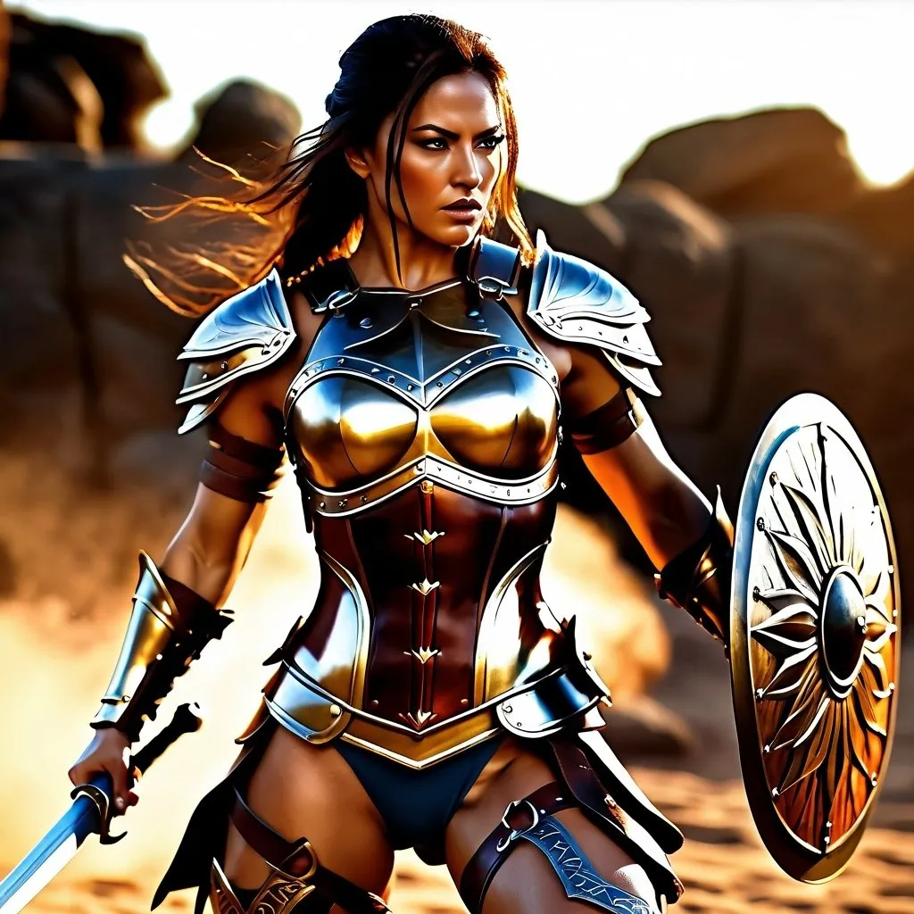 Prompt: hyper-realistic, Photorealistic, 4k, 3D, fierce female Amazon warriors, arena battle, intense battle scene, Breastplate armor, short leather loincloths, heavily muscled, full body shot, realistic, intense action, muscular physique, detailed features, detailed armor and weapons, high quality, realistic, historical art, warm, earthy tones, dramatic shadows, epic battle, high quality, intense, earthy tones, Golden Hour Dawn lighting, natural lighting, realism

