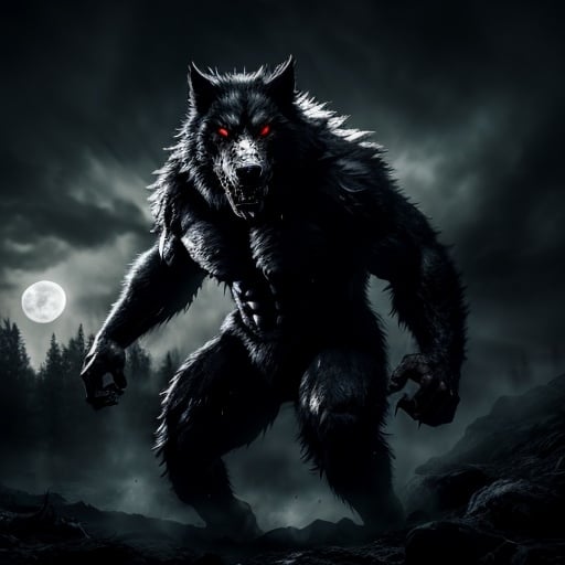 Prompt: Hyperrealism, darkened forest, snarling giant, heavily muscled, werewolf, on a hill, moon in background, dripping blood, menacing, front claws raised, photorealistic, detailed fur, intense gaze, Eyes glowing, horror, supernatural, highres, ultra-detailed, professional, atmospheric lighting, detailed glowing red eyes, sinister, medium tones, menacing atmosphere