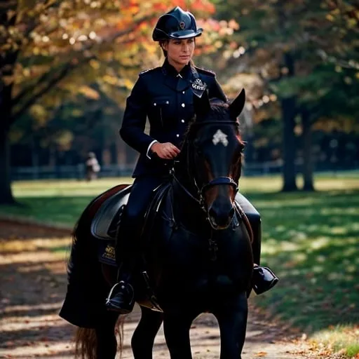 Prompt: Hyperrealistic, detailed, Cop on horse patrol on the Boston Common. Uniform: black leather Boston police jacket, Jodhpurs (Dark blue with red stripe on legs) black riding boots, riding helmet, realistic anatomy for horse and rider, crisp New England fall atmosphere, photorealistic, high quality, hyperrealism, detailed uniform, professional, Natural lighting, iconic Boston landmark, traditional art style, precise brushwork, autumnal foliage, realistic horse mane