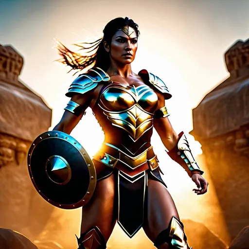 Prompt: hyper-realistic, Photorealistic, 4k, fierce female Amazon warriors, arena battle, Breastplate armor, short leather loincloths, heavily muscled, full body shot, golden hour lighting, realistic, intense action, muscular physique, detailed features, dramatic shadows, epic battle, high quality, intense, natural lighting, realism