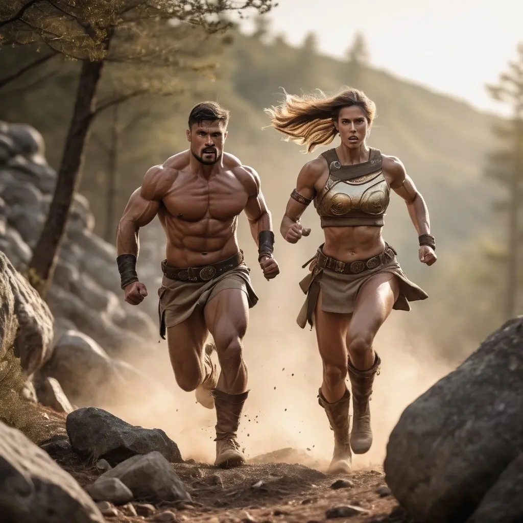 Prompt: Fit and muscled male and female barbarians clad only in breechclouts, running into battle on rocky terrain, full body shot, realistic lighting in golden hour, earth tones, forest setting, high quality, lifelike, action-packed, intense, dynamic poses, dramatic lighting, detailed muscle definition, rugged terrain, fierce expressions, forest landscape