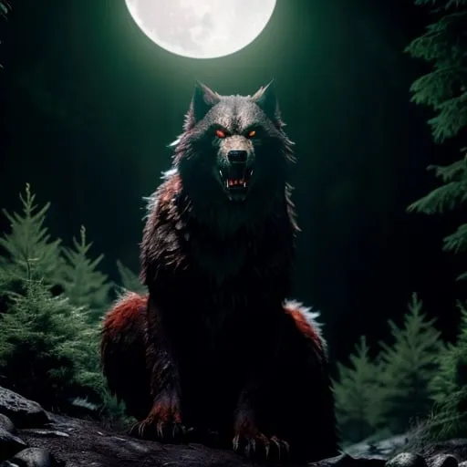 Prompt: Hyperrealism, dark forest, snarling giant werewolf, on a hill, moon behind, dripping blood, menacing, front claws raised, photorealistic, detailed fur, intense gaze, horror, supernatural, highres, ultra-detailed, professional, atmospheric lighting, detailed glowing red eyes, sinister, medium tones, menacing atmosphere
