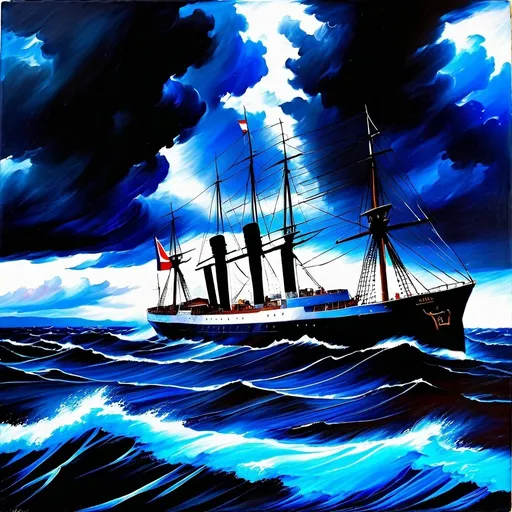 Prompt: Oil painting, ship in bad squall, captain at the wheel, turbulent sea, stormy skies, dramatic lighting, high quality, oil painting, stormy seas, dramatic scene, captain's determination