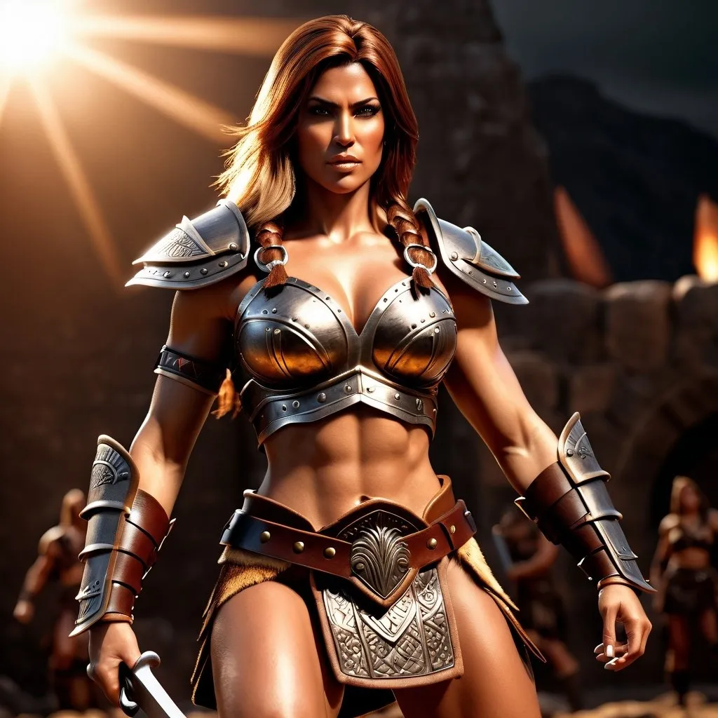 Prompt:  hyper-realistic, Photorealistic, 4k, 3D, fierce female Barbarian warriors, 34C-25-33 close fitting leather armor, short leather loincloths, heavily muscled, full body shot, realistic, intense action, muscular physique, detailed features, detailed armor and weapons, high quality, realistic, historical art, warm, earthy tones, dramatic lighting, dramatic shadows, epic battle, high quality, intense, earthy tones, Golden Hour Dawn lighting, natural lighting, realism



